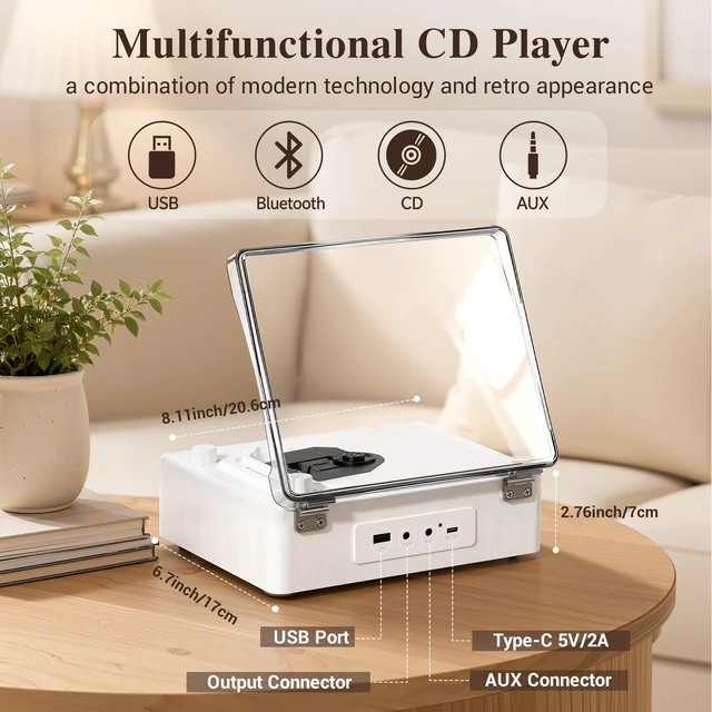 Alt view image 5 of 7 - Portable CD Player with Speakers, 12H Playtime with Bluetooth 5.4, Retro CD Player with Hi-Fi Bass Boost, 5000mAh Battery for Home Decor, Bedroom, Outdoor, Gift (White)