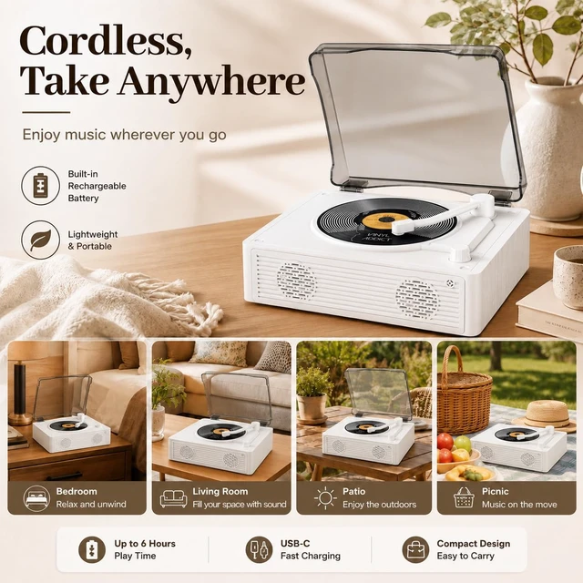 Alt view image 6 of 7 - Portable CD Player with Speakers, 12H Playtime with Bluetooth 5.4, Retro CD Player with Hi-Fi Bass Boost, 5000mAh Battery for Home Decor, Bedroom, Outdoor, Gift (White)