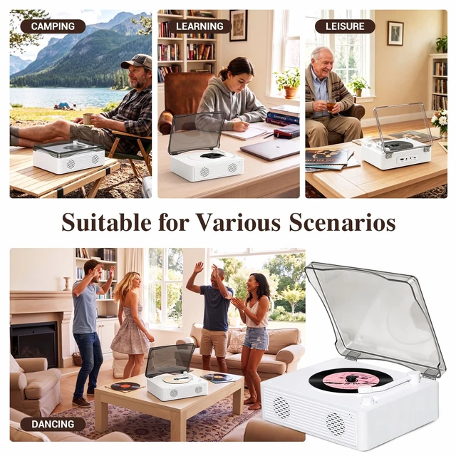 Alt view image 7 of 7 - Portable CD Player with Speakers, 12H Playtime with Bluetooth 5.4, Retro CD Player with Hi-Fi Bass Boost, 5000mAh Battery for Home Decor, Bedroom, Outdoor, Gift (White)
