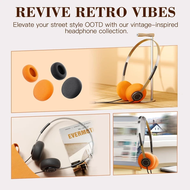 Alt view image 2 of 7 - Y3 Retro Wired Headphones, Lightweight, 3.5mm Jack, Breathable Earbuds Adjustable Headband, Dual Mode Cable, Replaceable Orange Ear Pads, 80s 90s Old School, Computer, Laptop, CD Player, Black