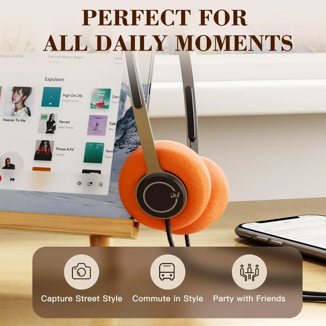 Alt view image 4 of 7 - Y3 Retro Wired Headphones, Lightweight, 3.5mm Jack, Breathable Earbuds Adjustable Headband, Dual Mode Cable, Replaceable Orange Ear Pads, 80s 90s Old School, Computer, Laptop, CD Player, Black