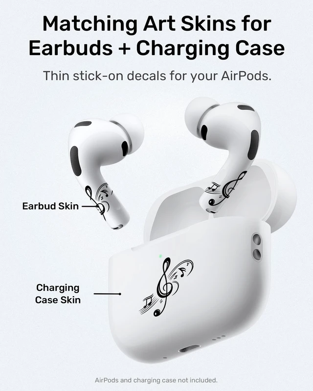 Alt view image 2 of 7 - for AirPods Sticker Skin Set, Earbud + Charging Case Wrap Decals with Applicator & Spare, Fits AirPods 5/4/3/2/1 & Pro/Pro 2/Pro 3, No Interference Musical Notes Treble Clef