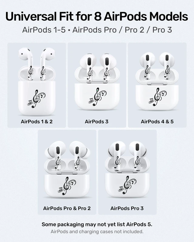 Alt view image 4 of 7 - for AirPods Sticker Skin Set, Earbud + Charging Case Wrap Decals with Applicator & Spare, Fits AirPods 5/4/3/2/1 & Pro/Pro 2/Pro 3, No Interference Musical Notes Treble Clef