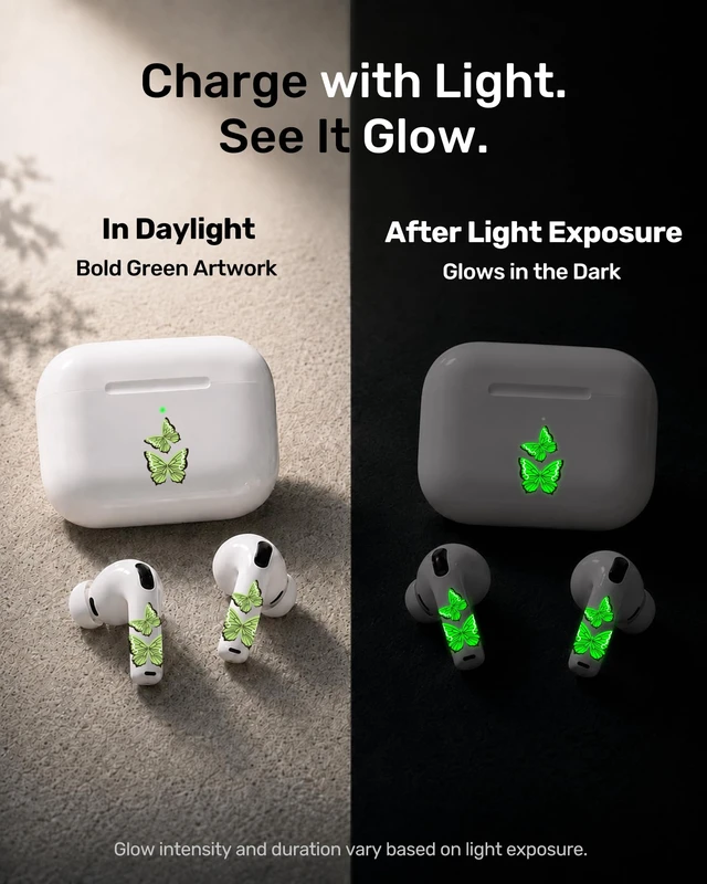 Alt view image 2 of 7 - for AirPods Glow in the Dark Skin Set, Butterfly Earbud + Charging Case Stickers with Applicator & Spare, Universal Fit for AirPods 5/4/3/2/1 & Pro/Pro 2/Pro 3, Sweat-Resistant, Removable