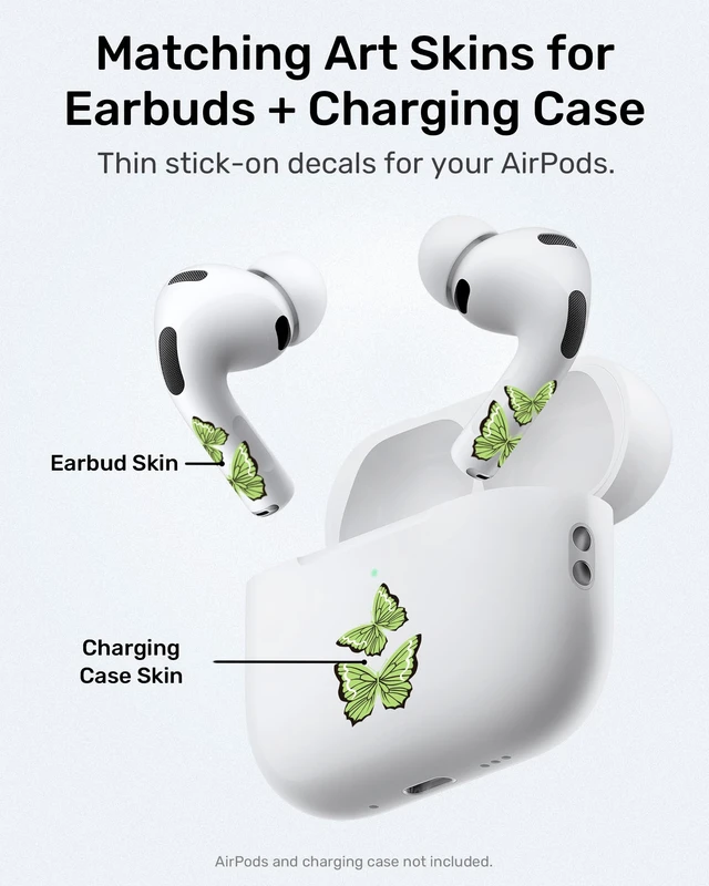 Alt view image 3 of 7 - for AirPods Glow in the Dark Skin Set, Butterfly Earbud + Charging Case Stickers with Applicator & Spare, Universal Fit for AirPods 5/4/3/2/1 & Pro/Pro 2/Pro 3, Sweat-Resistant, Removable