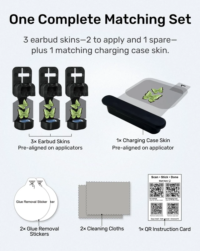 Alt view image 4 of 7 - for AirPods Glow in the Dark Skin Set, Butterfly Earbud + Charging Case Stickers with Applicator & Spare, Universal Fit for AirPods 5/4/3/2/1 & Pro/Pro 2/Pro 3, Sweat-Resistant, Removable