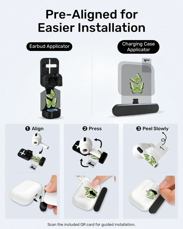 Alt view image 6 of 7 - for AirPods Glow in the Dark Skin Set, Butterfly Earbud + Charging Case Stickers with Applicator & Spare, Universal Fit for AirPods 5/4/3/2/1 & Pro/Pro 2/Pro 3, Sweat-Resistant, Removable