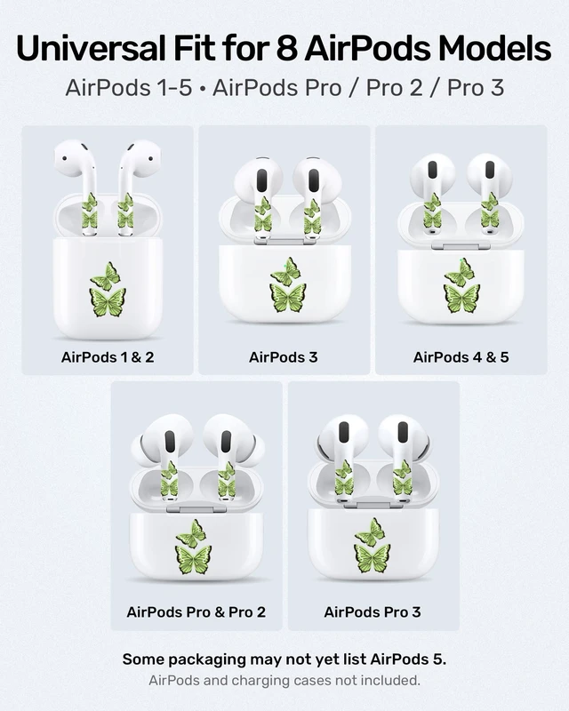 Alt view image 5 of 7 - for AirPods Glow in the Dark Skin Set, Butterfly Earbud + Charging Case Stickers with Applicator & Spare, Universal Fit for AirPods 5/4/3/2/1 & Pro/Pro 2/Pro 3, Sweat-Resistant, Removable