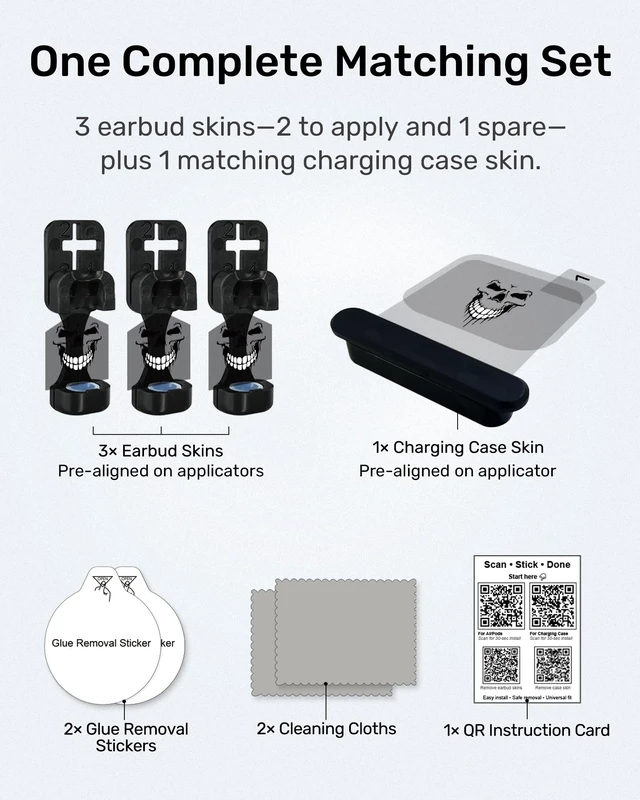 Alt view image 3 of 7 - for AirPods Sticker Skin Set, Earbud + Charging Case Wrap Decals, Applicator Included + Spare, Fits AirPods 5/4/3/2/1 & Pro/Pro 2/Pro 3 Dripping Skull