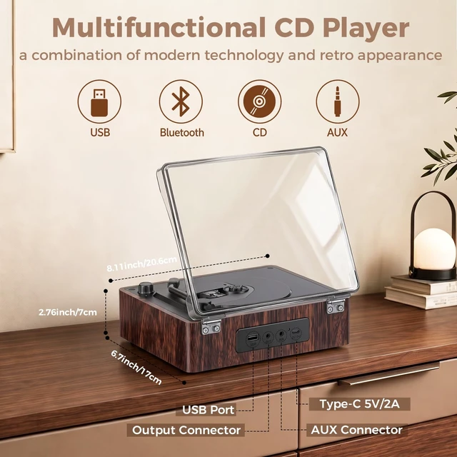 Alt view image 5 of 7 - Portable CD Player with Speakers, 12H Playtime with Bluetooth 5.4, Retro CD Player with Hi-Fi Bass Boost, 5000mAh Battery for Home Decor, Bedroom, Outdoor, Gift (Brown)