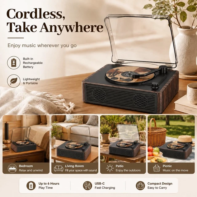 Alt view image 6 of 7 - Portable CD Player with Speakers, 12H Playtime with Bluetooth 5.4, Retro CD Player with Hi-Fi Bass Boost, 5000mAh Battery for Home Decor, Bedroom, Outdoor, Gift (Brown)