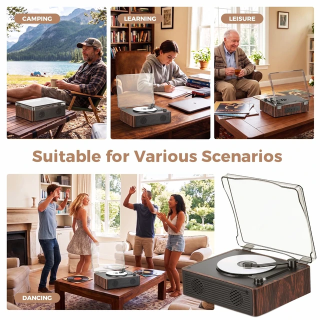 Alt view image 7 of 7 - Portable CD Player with Speakers, 12H Playtime with Bluetooth 5.4, Retro CD Player with Hi-Fi Bass Boost, 5000mAh Battery for Home Decor, Bedroom, Outdoor, Gift (Brown)