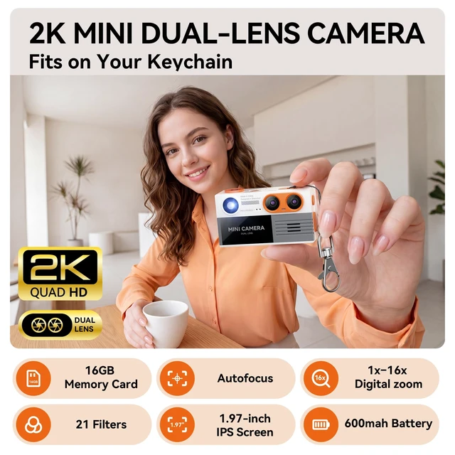 Alt view image 2 of 7 - Vintage Mini Keychain Camera: 2K Dual Lens Digital Camera with 16GB Card,Vintage Keychain Video Camera, 1.97" HD LCD Display, 600mAh Battery Portable Y2K Retro Small Cameras with Elegant Gift Box