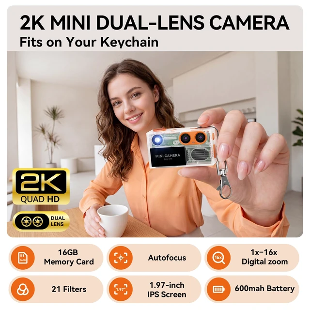 Alt view image 2 of 7 - Vintage Mini Keychain Camera: 2K Dual Lens Digital Camera with 16GB Card,Vintage Keychain Video Camera, 1.97" HD LCD Display, 600mAh Battery Portable Y2K Retro Small Cameras with Elegant Gift Box