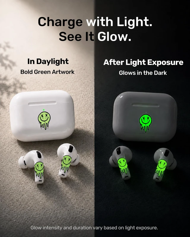 Alt view image 2 of 7 - for Glow in the Dark AirPods Skin Set, Earbud + Charging Case Stickers with Applicator & Spare, Universal Fit for AirPods 5/4/3/2/1 & Pro/Pro 2/Pro 3, Sweat-Resistant, Removable