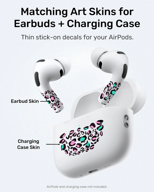 Alt view image 2 of 7 - Leopard Print Skin Set for AirPods, Earbud + Charging Case Stickers with Applicator & Spare, Universal Fit for AirPods 5/4/3/2/1 & Pro/Pro 2/Pro 3, Removable, Water-Resistant, No Interference