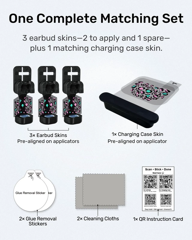 Alt view image 3 of 7 - Leopard Print Skin Set for AirPods, Earbud + Charging Case Stickers with Applicator & Spare, Universal Fit for AirPods 5/4/3/2/1 & Pro/Pro 2/Pro 3, Removable, Water-Resistant, No Interference