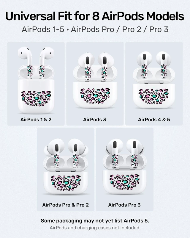 Alt view image 4 of 7 - Leopard Print Skin Set for AirPods, Earbud + Charging Case Stickers with Applicator & Spare, Universal Fit for AirPods 5/4/3/2/1 & Pro/Pro 2/Pro 3, Removable, Water-Resistant, No Interference