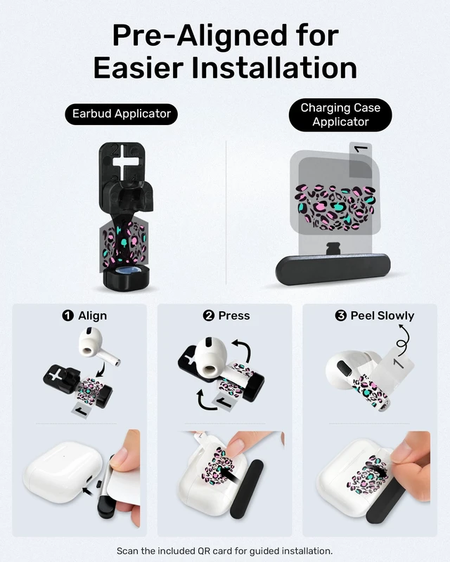 Alt view image 5 of 7 - Leopard Print Skin Set for AirPods, Earbud + Charging Case Stickers with Applicator & Spare, Universal Fit for AirPods 5/4/3/2/1 & Pro/Pro 2/Pro 3, Removable, Water-Resistant, No Interference