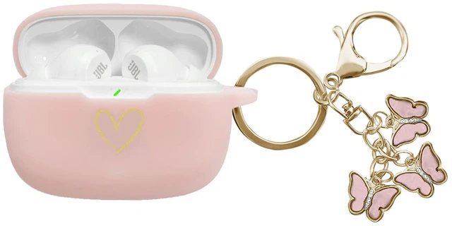 Main image of Compatible with JBL Vibe 200TWS/JBL Vibe Beam Case Cover, Soft Silicone Case with Gold Heart Pattern for JBL Vibe Beam 2 (2025) Case with Cute Butterfly Keychain for Girls Women (Pink)