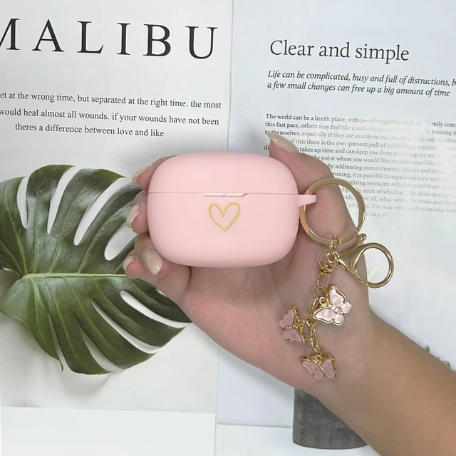 Alt view image 6 of 7 - Compatible with JBL Vibe 200TWS/JBL Vibe Beam Case Cover, Soft Silicone Case with Gold Heart Pattern for JBL Vibe Beam 2 (2025) Case with Cute Butterfly Keychain for Girls Women (Pink)