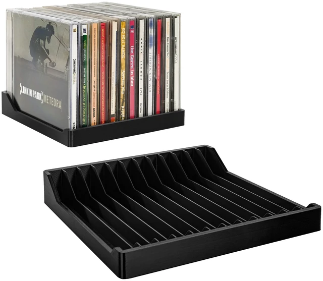 Main image of CD Holder 2 Pack Vinyl-Style CD Storage Organizer for 24 Discs, Matte Black CD Case Holder & CD Rack for Shelf, Tower, Desk or Media Room, No-Tip Enclosed Ends, CD Stand & Display
