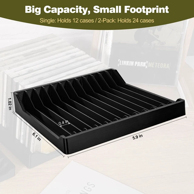 Alt view image 2 of 6 - CD Holder 2 Pack Vinyl-Style CD Storage Organizer for 24 Discs, Matte Black CD Case Holder & CD Rack for Shelf, Tower, Desk or Media Room, No-Tip Enclosed Ends, CD Stand & Display
