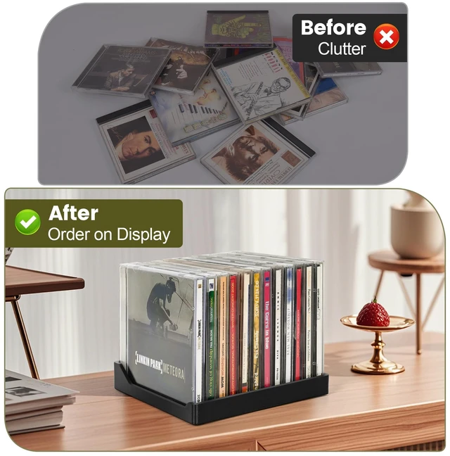 Alt view image 4 of 6 - CD Holder 2 Pack Vinyl-Style CD Storage Organizer for 24 Discs, Matte Black CD Case Holder & CD Rack for Shelf, Tower, Desk or Media Room, No-Tip Enclosed Ends, CD Stand & Display