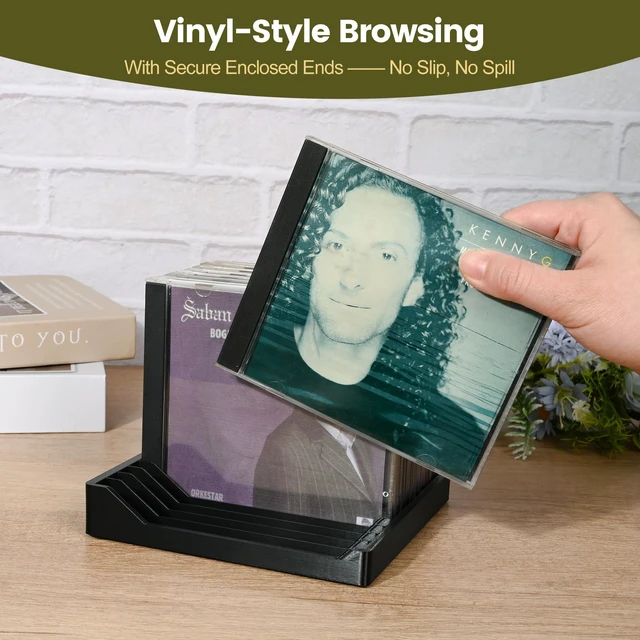 Alt view image 3 of 6 - CD Holder 2 Pack Vinyl-Style CD Storage Organizer for 24 Discs, Matte Black CD Case Holder & CD Rack for Shelf, Tower, Desk or Media Room, No-Tip Enclosed Ends, CD Stand & Display