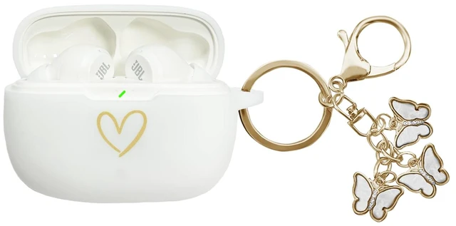 Main image of Compatible with JBL Vibe 200TWS/JBL Vibe Beam Case Cover, Soft Silicone Case with Gold Heart Pattern for JBL Vibe Beam 2 (2025) Case with Cute Butterfly Keychain for Girls Women (White)