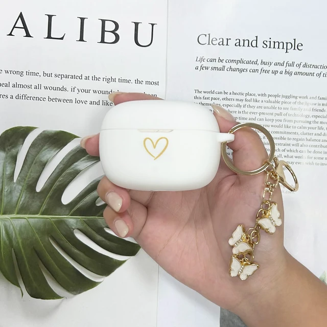 Alt view image 6 of 7 - Compatible with JBL Vibe 200TWS/JBL Vibe Beam Case Cover, Soft Silicone Case with Gold Heart Pattern for JBL Vibe Beam 2 (2025) Case with Cute Butterfly Keychain for Girls Women (White)
