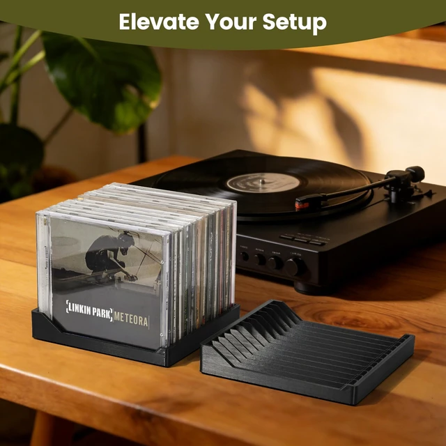 Alt view image 6 of 6 - CD Holder 2 Pack Vinyl-Style CD Storage Organizer for 24 Discs, Matte Black CD Case Holder & CD Rack for Shelf, Tower, Desk or Media Room, No-Tip Enclosed Ends, CD Stand & Display