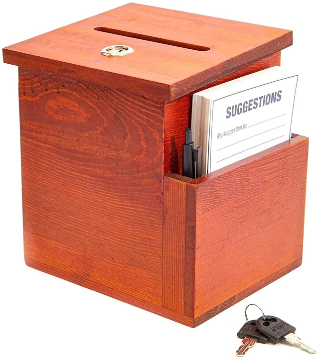 Main image of Wooden Suggestion Box with Slot - Secure Money Drop - Raffle Box for Events - 7.5 x 7.1 x 5.5 in, Brown, 50 Blank Cards & Pen