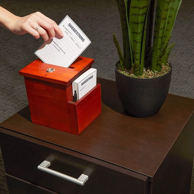 Alt view image 2 of 7 - Wooden Suggestion Box with Slot - Secure Money Drop - Raffle Box for Events - 7.5 x 7.1 x 5.5 in, Brown, 50 Blank Cards & Pen