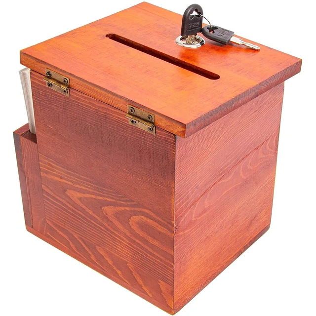 Alt view image 4 of 7 - Wooden Suggestion Box with Slot - Secure Money Drop - Raffle Box for Events - 7.5 x 7.1 x 5.5 in, Brown, 50 Blank Cards & Pen