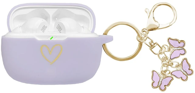 Main image of Compatible with JBL Vibe 200TWS/JBL Vibe Beam Case Cover, Soft Silicone Case with Gold Heart Pattern for JBL Vibe Beam 2 (2025) Case with Cute Butterfly Keychain for Girls Women (Purple)