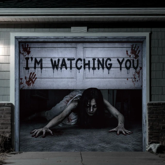 Main image of 7 x 8 ft Halloween Garage Door Cover Ghost, Watching You Garage Decoration, for Single or Double Garage Door, Haunted House Garage, Halloween Horror Decor