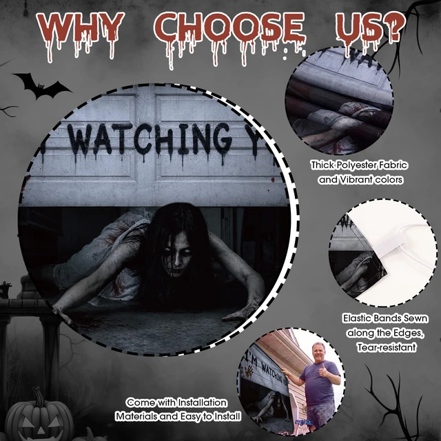 Alt view image 3 of 7 - 7 x 8 ft Halloween Garage Door Cover Ghost, Watching You Garage Decoration, for Single or Double Garage Door, Haunted House Garage, Halloween Horror Decor