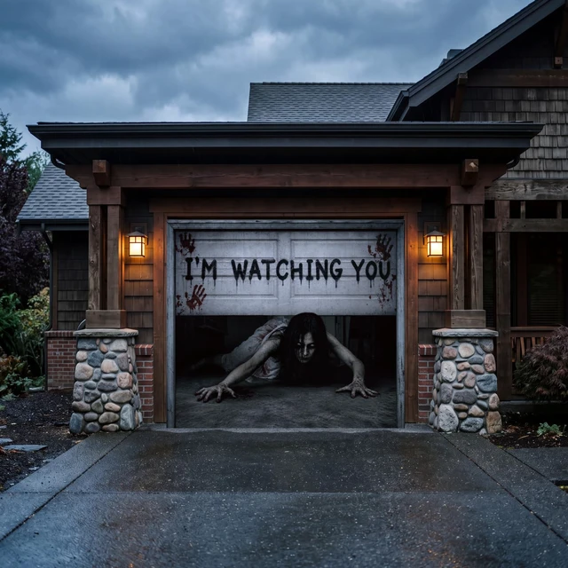 Alt view image 5 of 7 - 7 x 8 ft Halloween Garage Door Cover Ghost, Watching You Garage Decoration, for Single or Double Garage Door, Haunted House Garage, Halloween Horror Decor