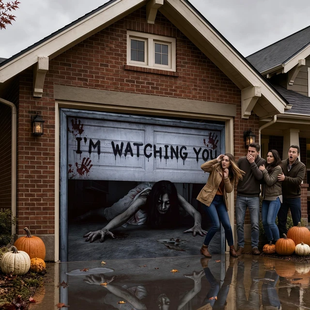 Alt view image 4 of 7 - 7 x 8 ft Halloween Garage Door Cover Ghost, Watching You Garage Decoration, for Single or Double Garage Door, Haunted House Garage, Halloween Horror Decor