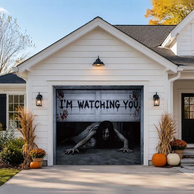 Alt view image 6 of 7 - 7 x 8 ft Halloween Garage Door Cover Ghost, Watching You Garage Decoration, for Single or Double Garage Door, Haunted House Garage, Halloween Horror Decor