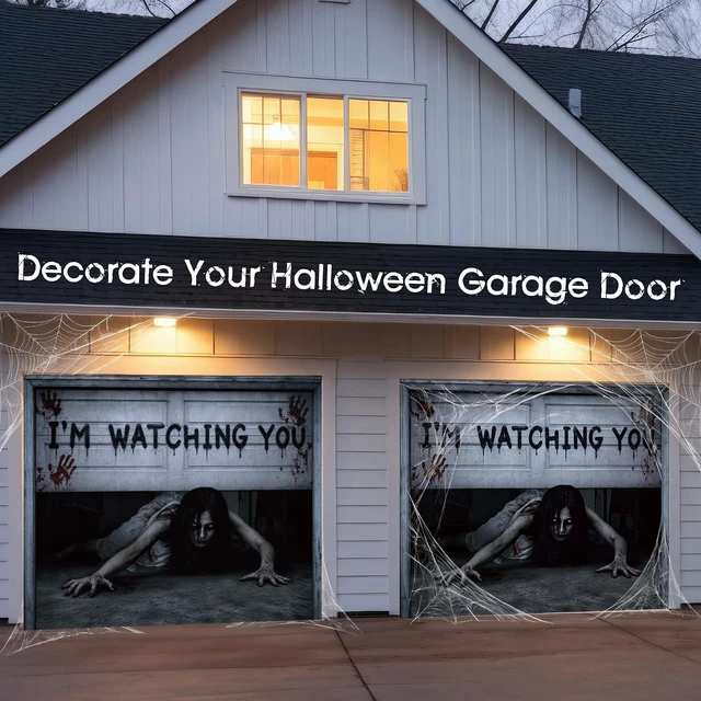 Alt view image 7 of 7 - 7 x 8 ft Halloween Garage Door Cover Ghost, Watching You Garage Decoration, for Single or Double Garage Door, Haunted House Garage, Halloween Horror Decor