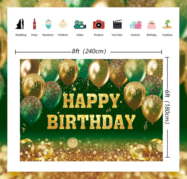 Alt view image 2 of 7 - Gold and Green Happy Birthday Backdrop Glitter Balloon Sequin Bokeh Birthday Photography Background for Women Men Kids Birthday Party Decoration Banner (Green, 94X70 inch (8x6FT))