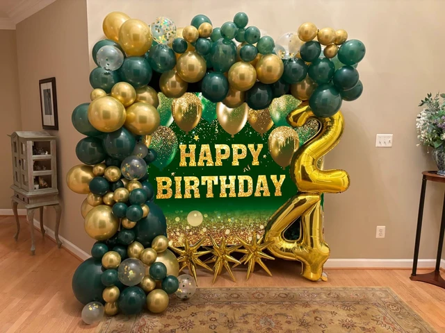Alt view image 4 of 7 - Gold and Green Happy Birthday Backdrop Glitter Balloon Sequin Bokeh Birthday Photography Background for Women Men Kids Birthday Party Decoration Banner (Green, 94X70 inch (8x6FT))
