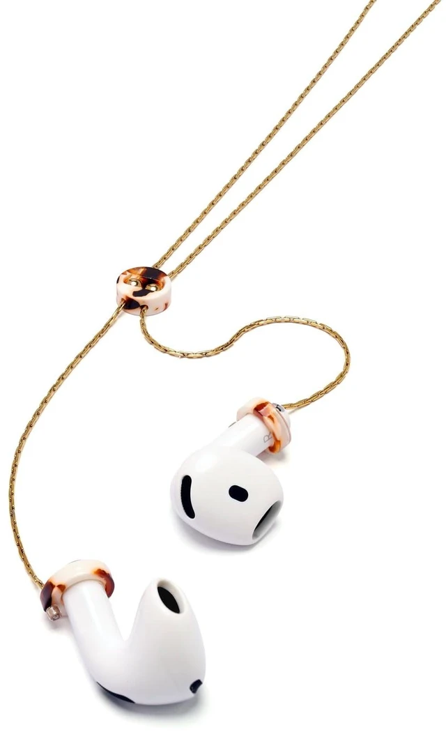 Alt view image 3 of 4 - Adjustable Anti-Lost Earbud Necklace with Acetate Slider, Vacuum Plated Stainless Steel Chain, Compatible with AirPods 1/2 / 3/4, AirPods Pro/Pro 2 (Latte Marble Gold Chain)