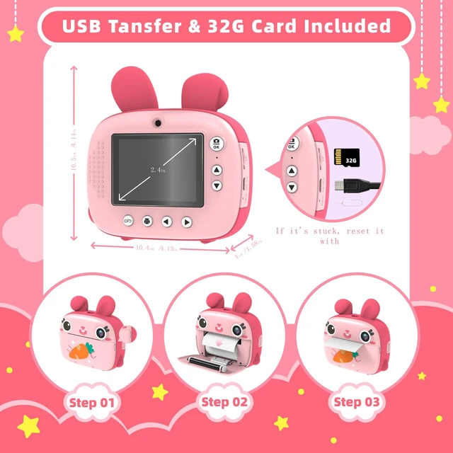 Alt view image 7 of 7 - Kids Instant Camera - 2.5K Instant Print Camera with No Ink, 32GB Card, Selfie & 1080P Video, Pink Toy Gift for Girls & Boys 3-12
