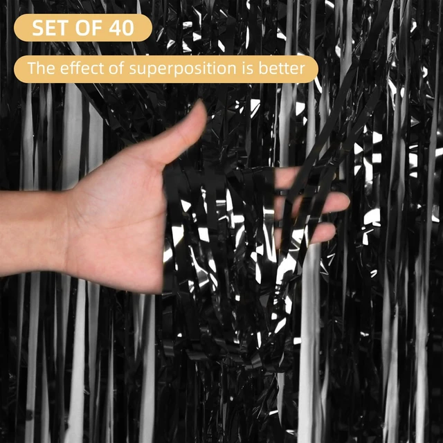 Alt view image 2 of 7 - 40 Pack Black Foil Curtain Backdrop Metallic Tinsel Foil Fringe Curtains Photo Booth Props for Birthday Party Decoration Christmas Holiday Halloween New Year Party Supply