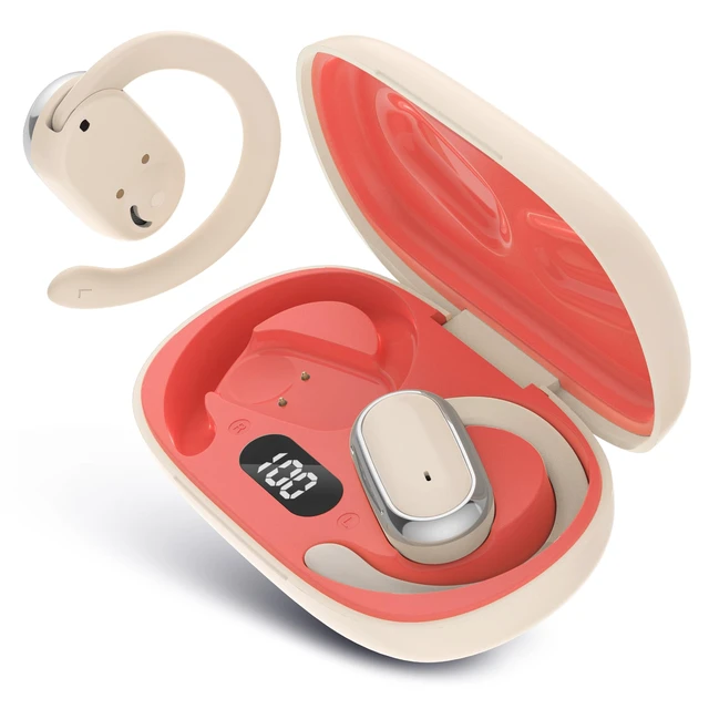 Alt view image 2 of 6 - Open Ear Wireless Earbuds, Bluetooth 5.4 Headphones with Smart Digital Display and Ergonomic Secure Fit Earhook, Touch Controls, Sweat Resistant, Sports/Fitness/Travel/Workouts (Beige)