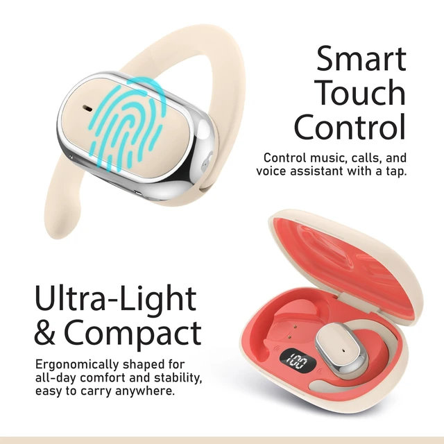 Alt view image 3 of 6 - Open Ear Wireless Earbuds, Bluetooth 5.4 Headphones with Smart Digital Display and Ergonomic Secure Fit Earhook, Touch Controls, Sweat Resistant, Sports/Fitness/Travel/Workouts (Beige)