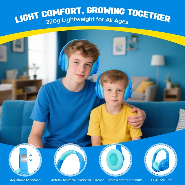 Alt view image 4 of 7 - Active Noise Cancelling Headphones for Kids, ANC Safe Volume Bluetooth 5.3, USB C Fast Charging, Kids Wireless Headphones, 75/85/94dB Volume, with Mic AUX Cord for iPad Airplane